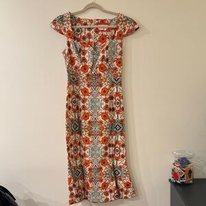 Anthropologie Orange and Red Floral Midi Dress